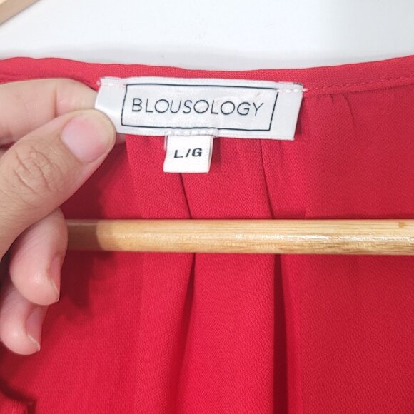 BLOUSOLOGY Women's Red Long-Sleeve VNeck Ruffled Collar Tied Cuffs Blouse Size L - Picture 8 of 12